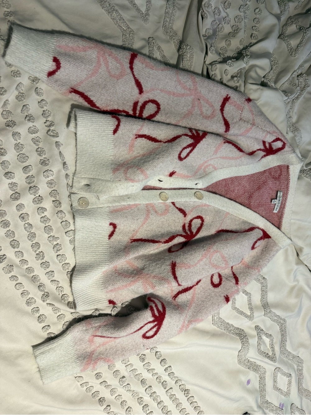 Button-Front White Cardigan Sweater with Pink & Red Bow Pattern
